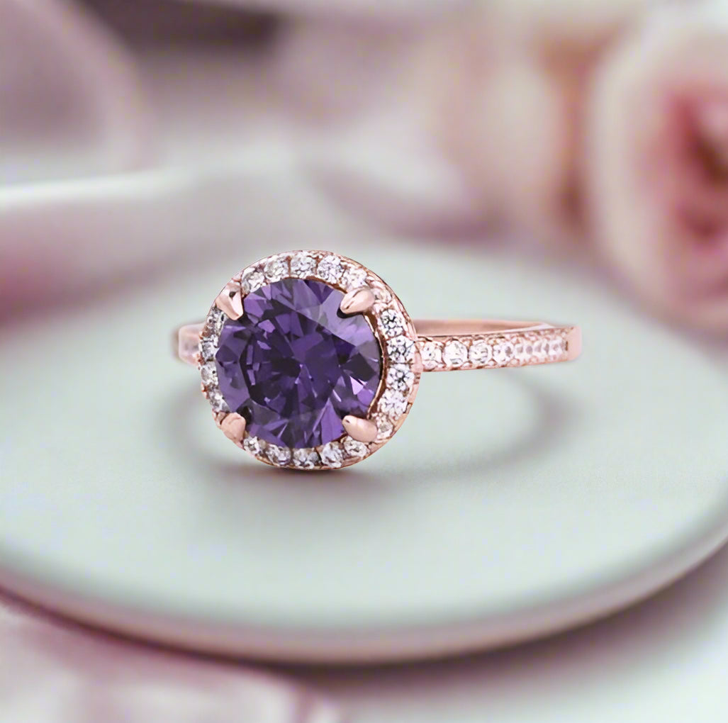 2.0ct Round Cut Amethyst Purple Halo Engagement Ring-Black Diamonds New York