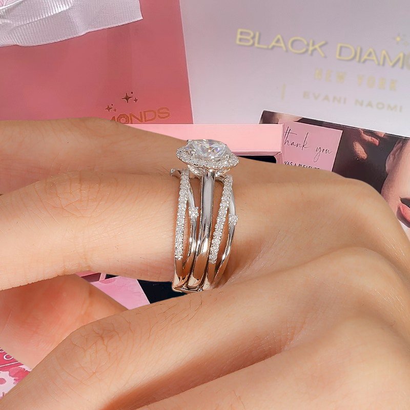 2.0ct Round Cut Moissanite 14k White Gold Insert Engagement Ring Set - Black Diamonds New York
