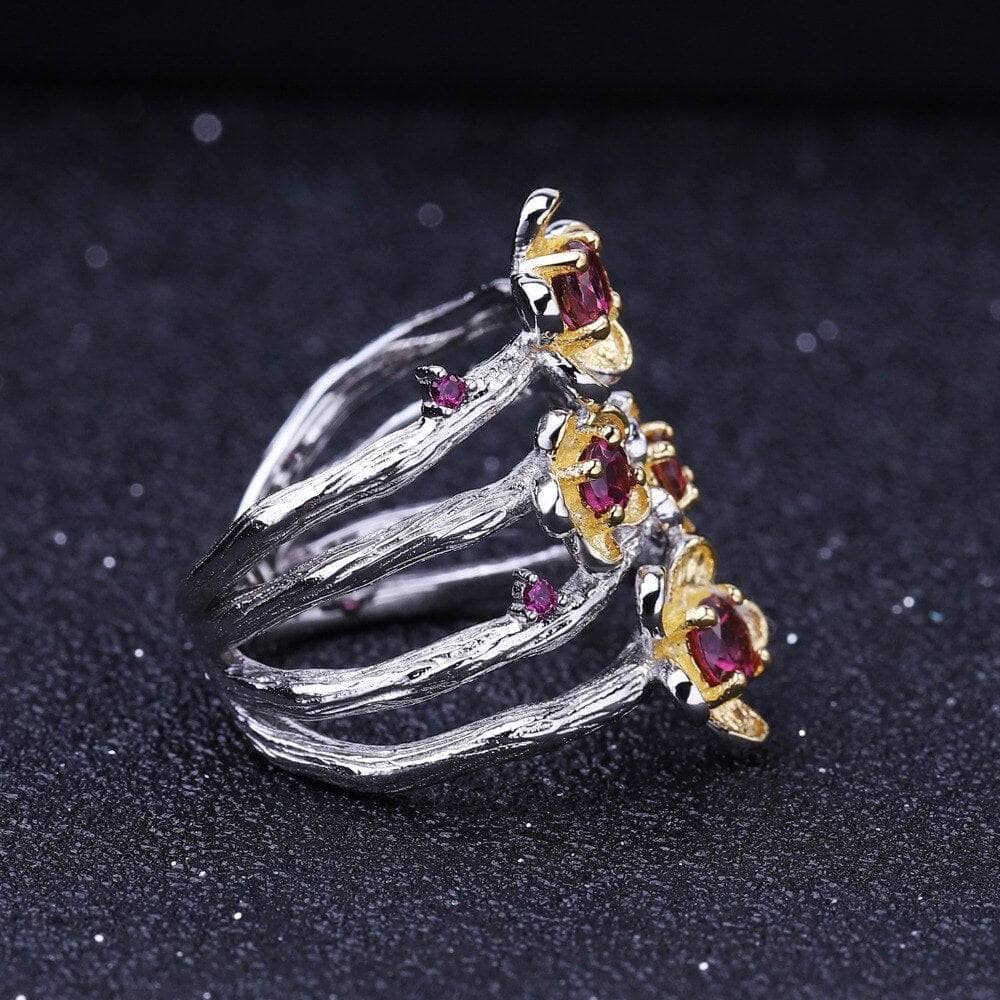 2.14Ct Natural Rhodolite Garnet Flower Ring and Earrings Set - Black Diamonds New York