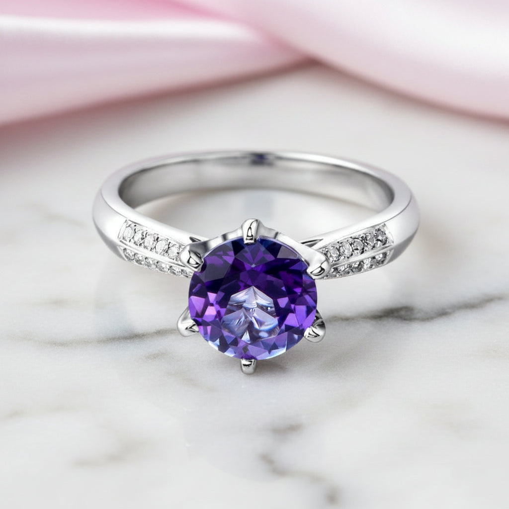 14k White Gold 2ct Purple Topaz 0.1ct Diamond Option Ring-Black Diamonds New York
