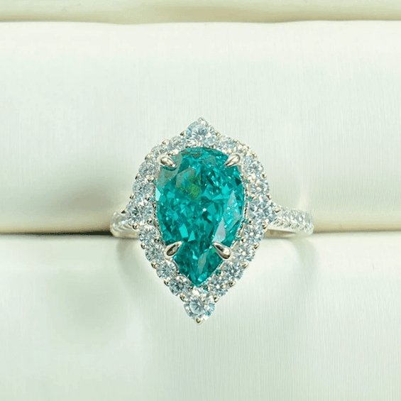 2.2 Carat Paraiba Tourmaline Halo Pear Cut Engagement Ring - Black Diamonds New York
