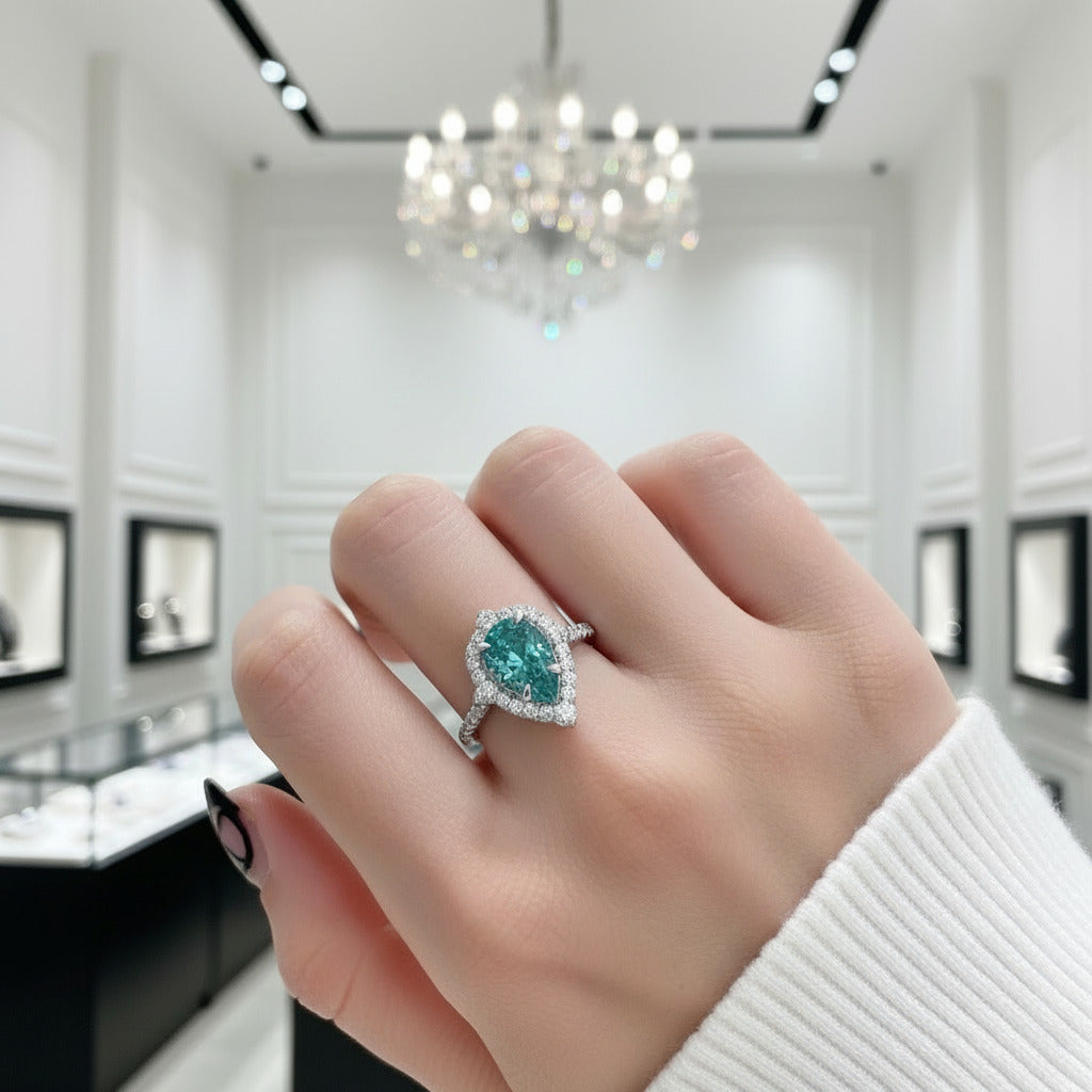 2.2 Carat Blue Green Diamond Halo Pear Cut Engagement Ring-Black Diamonds New York