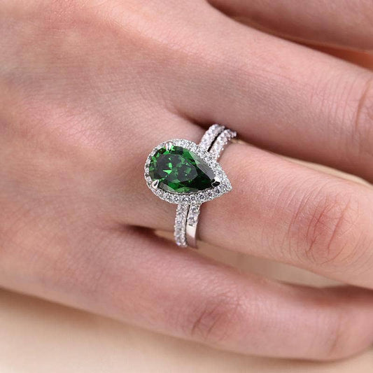 2.2 Carat Emerald Green Halo Pear Cut Wedding Set-Black Diamonds New York