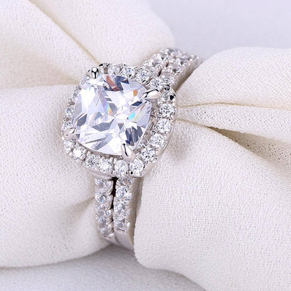 925 Sterling Silver 2.2ct Cushion Cut Cubic Zircon Ring Set