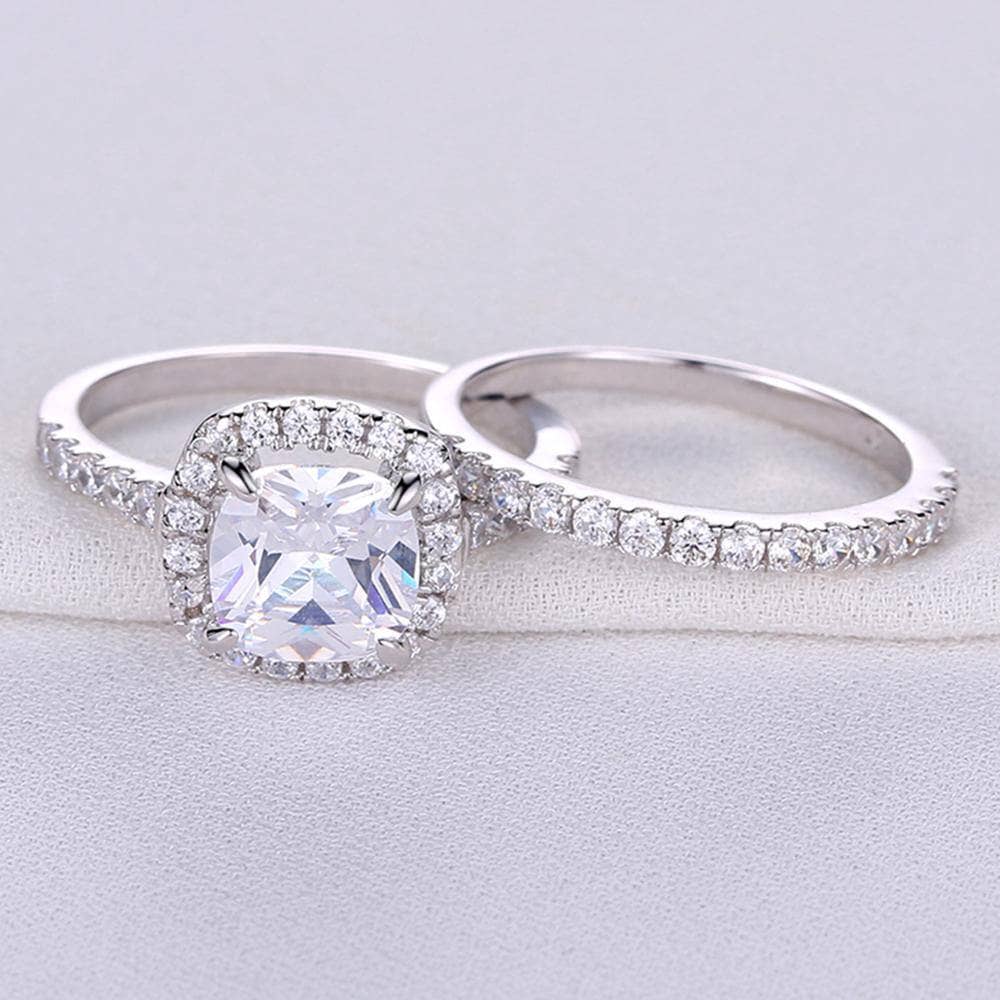 925 Sterling Silver 2.2ct Cushion Cut Cubic Zircon Ring Set