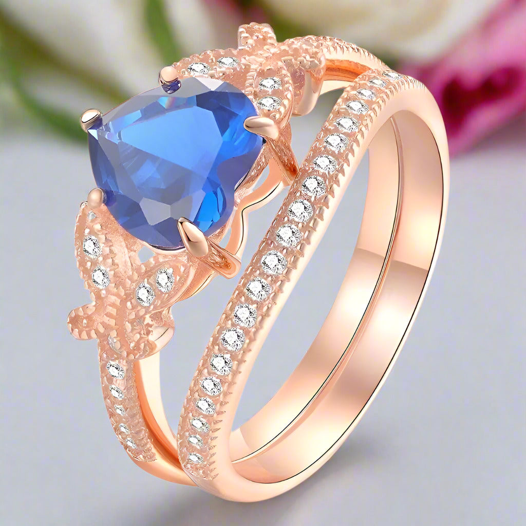 2.2ct Rose Gold Blue Heart Diamond Ring Set-Black Diamonds New York