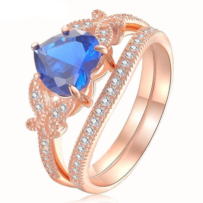 2.2ct 925 Sterling Silver Rose Gold Blue Heart CZ Ring Set