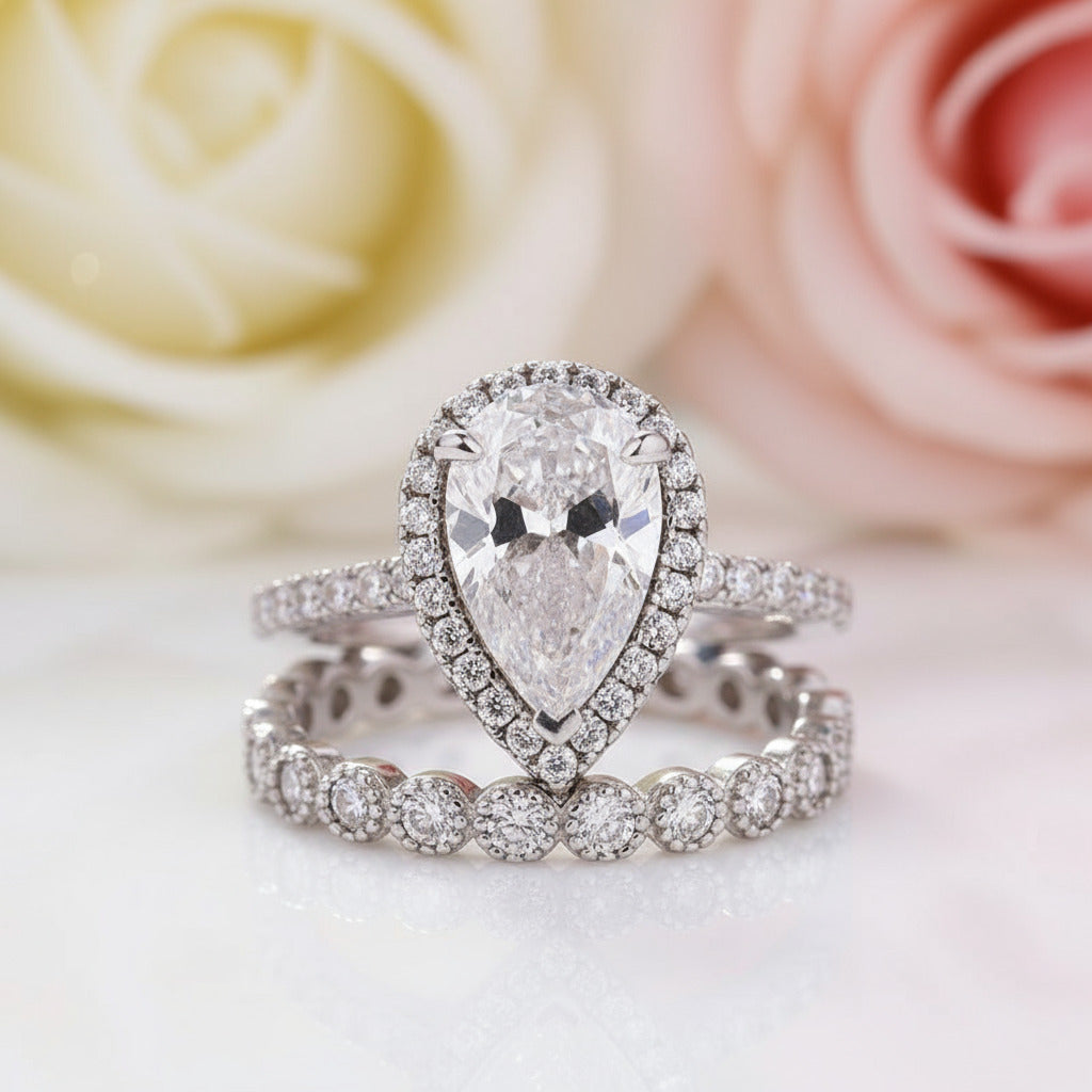 2.2ct Simulated Diamond Pear Cut Halo Ring Set-Black Diamonds New York