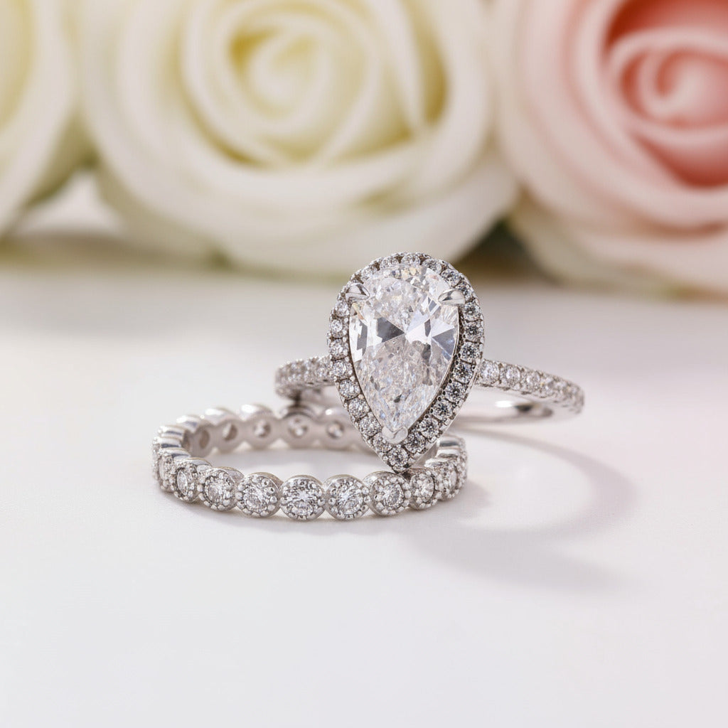 2.2ct Simulated Diamond Pear Cut Halo Ring Set-Black Diamonds New York