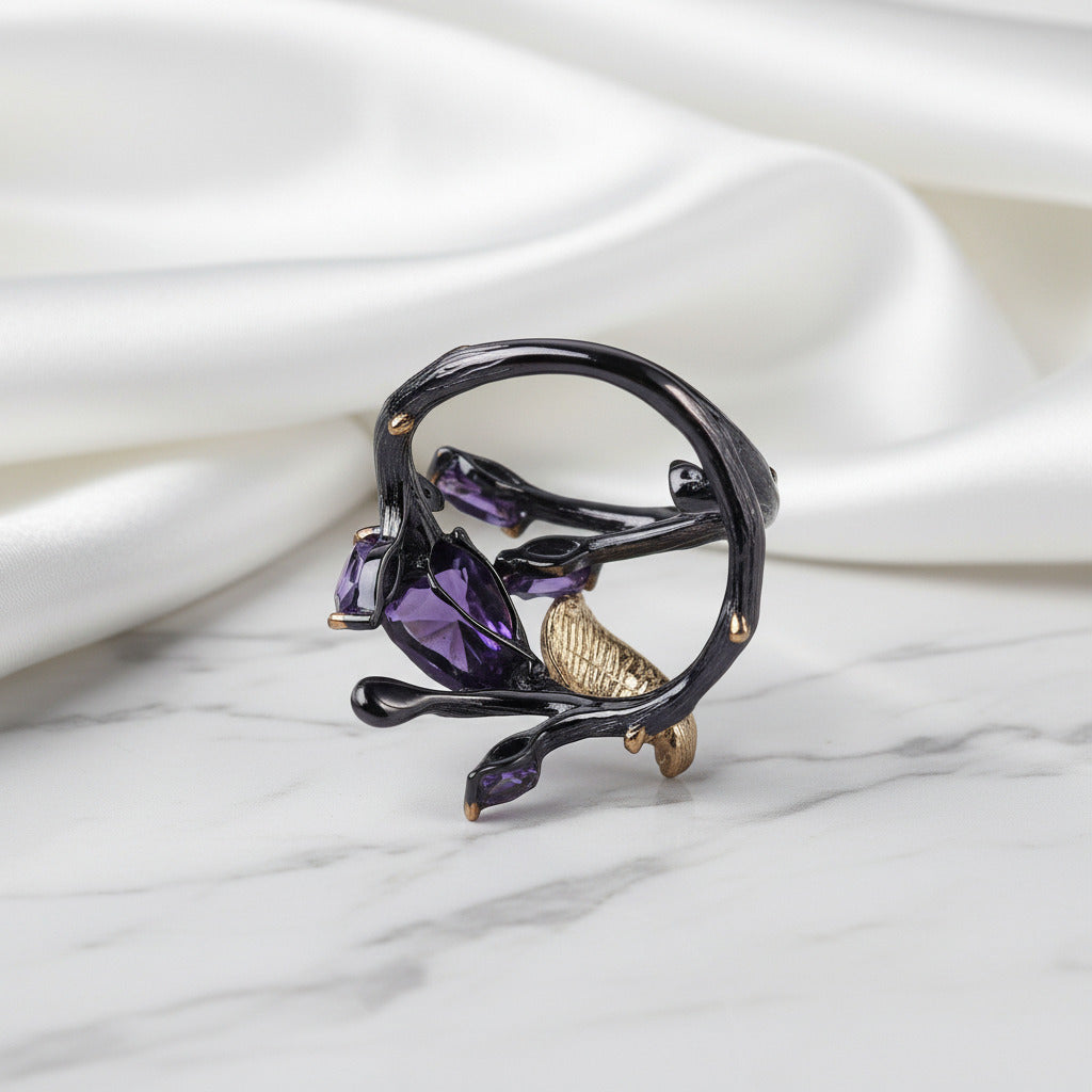 2.37Ct Amethyst Handmade Butterfly on Branch Rings-Black Diamonds New York