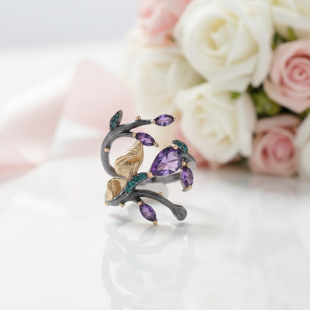 2.37Ct Amethyst Handmade Butterfly on Branch Rings-Black Diamonds New York