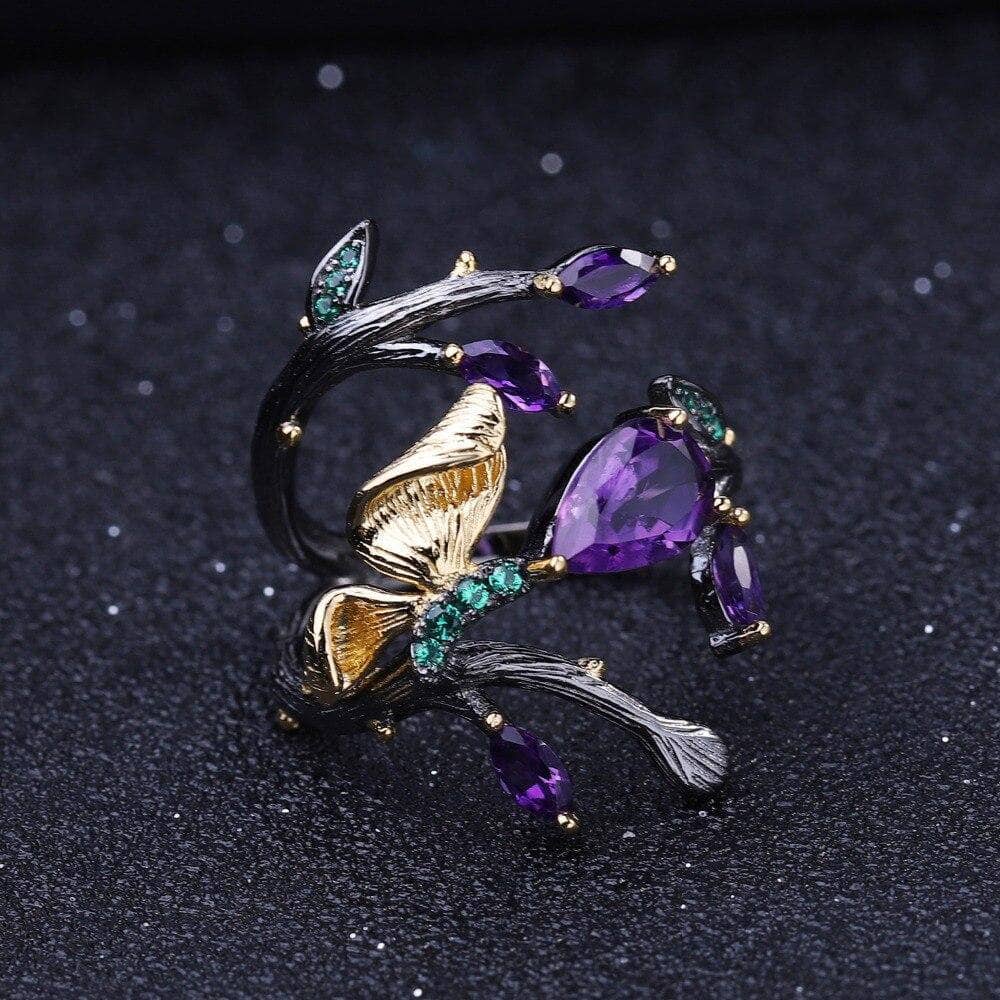 2.37Ct Natural Amethyst Handmade Butterfly on Branch Rings