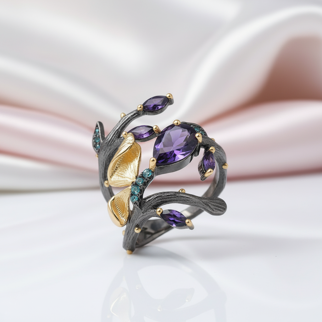 2.37Ct Amethyst Handmade Butterfly on Branch Rings-Black Diamonds New York