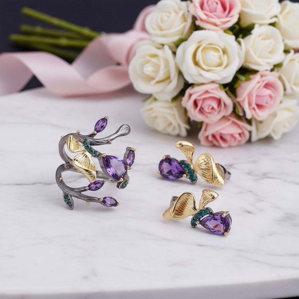 2.37Ct Amethyst Handmade Butterfly on Branch Rings-Black Diamonds New York