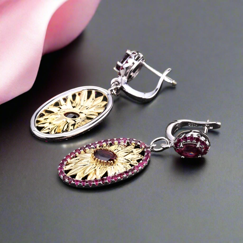 2.40Ct Natural Rhodolite Garnet Sunflower Drop Earrings-Black Diamonds New York