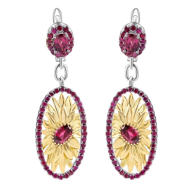 2.40Ct Natural Rhodolite Garnet Sunflower Drop Earrings-Black Diamonds New York