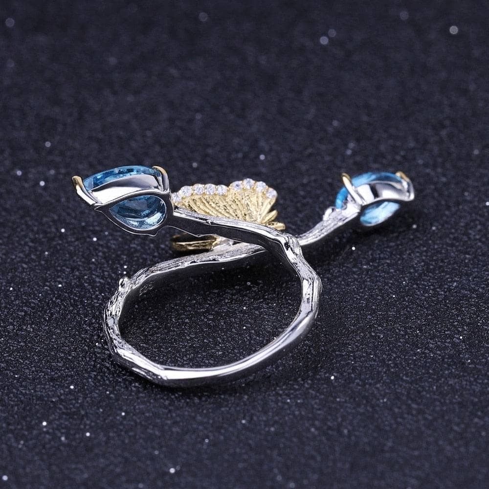2.42Ct Natural Swiss Blue Topaz Butterfly on Branch Adjustable Ring - Black Diamonds New York