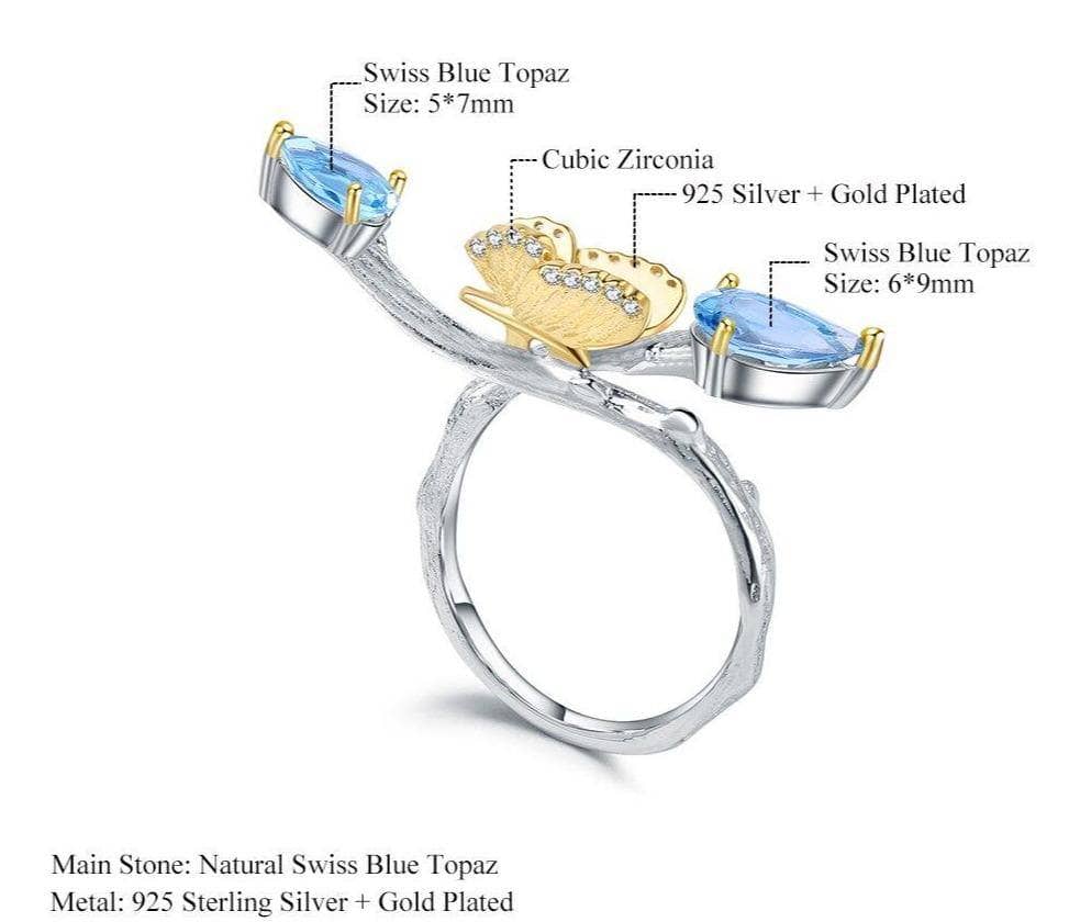 2.42Ct Natural Swiss Blue Topaz Butterfly on Branch Adjustable Ring-Black Diamonds New York