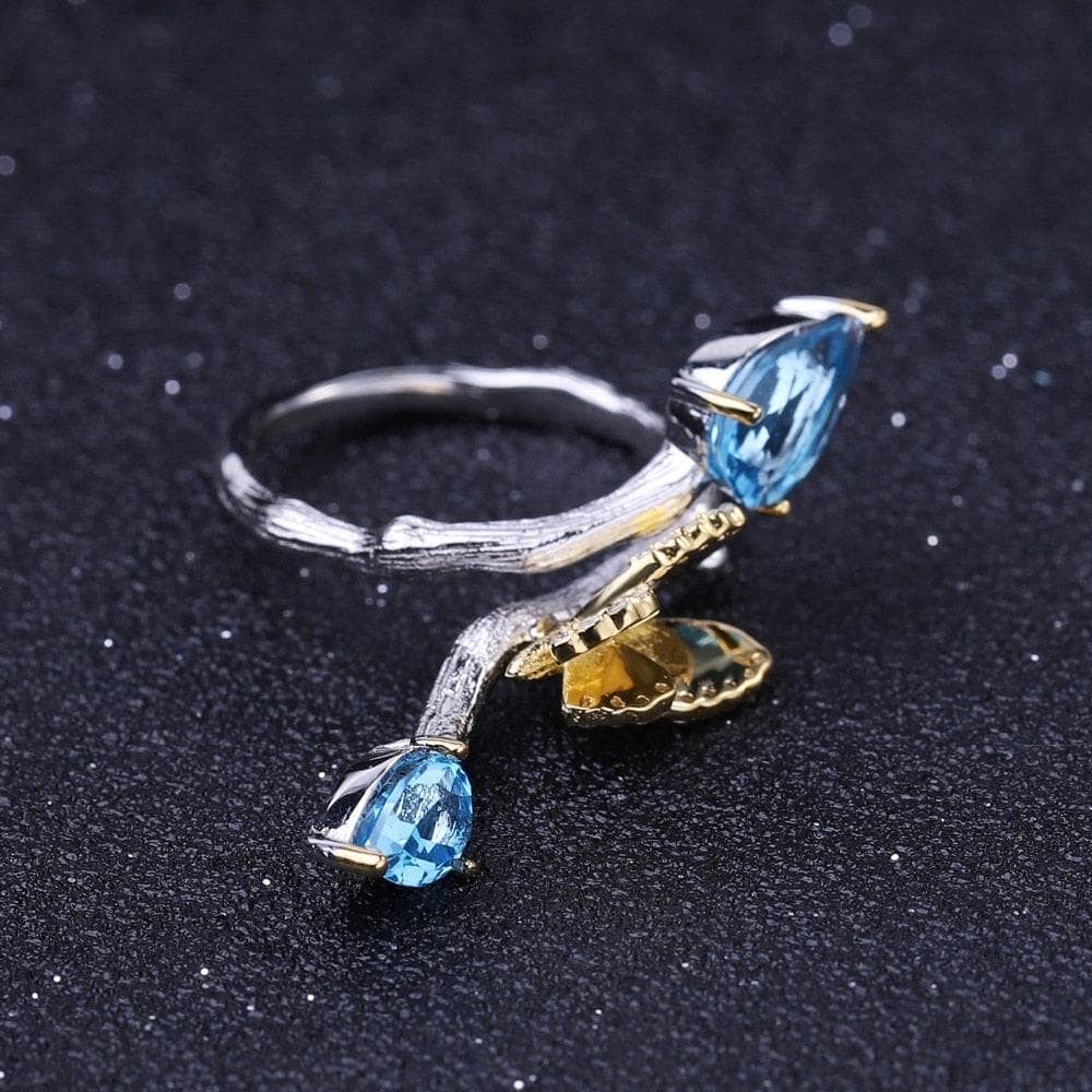 2.42Ct Natural Swiss Blue Topaz Butterfly on Branch Adjustable Ring-Black Diamonds New York