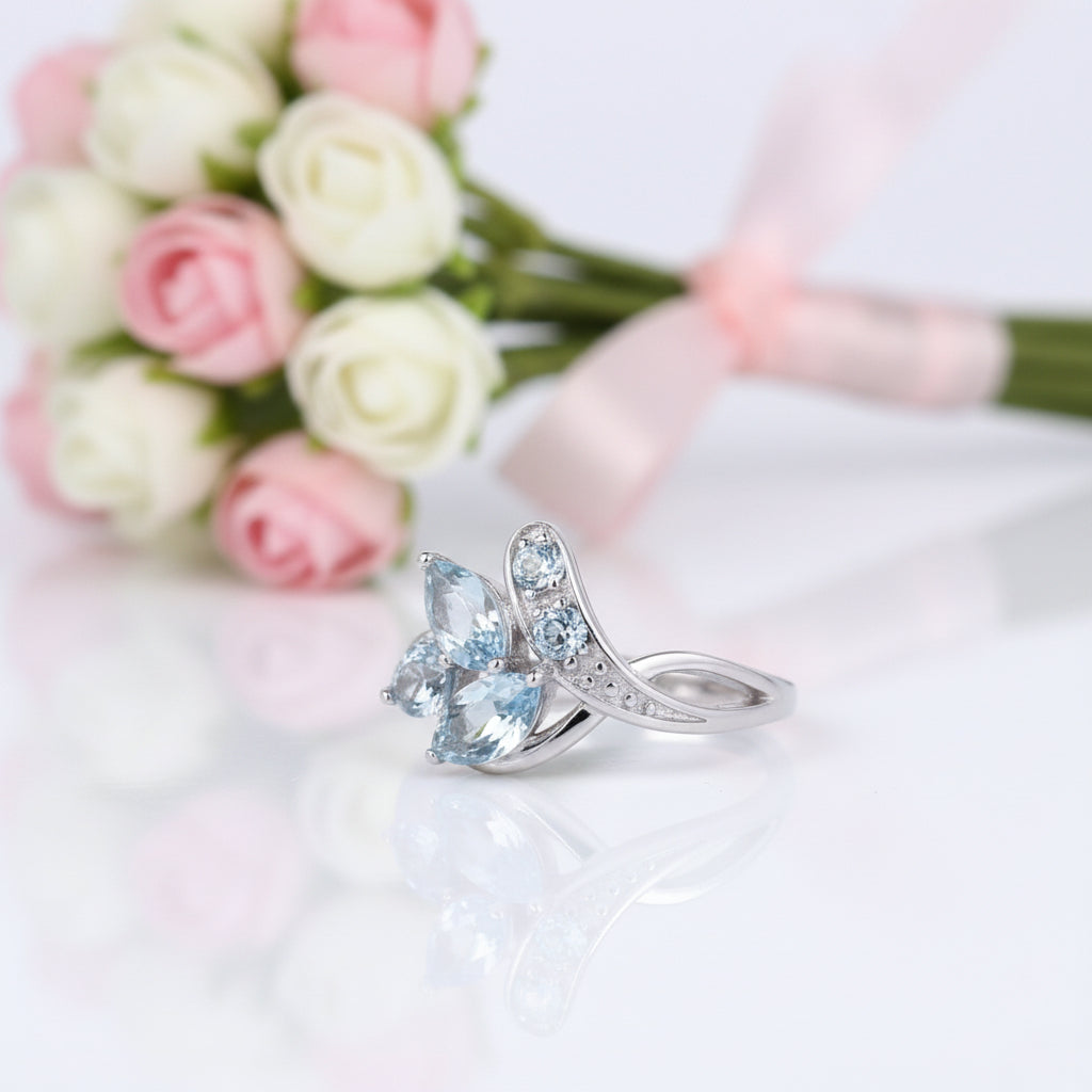 2.4Ct Sky Blue Topaz Leaves Gemstone Ring-Black Diamonds New York