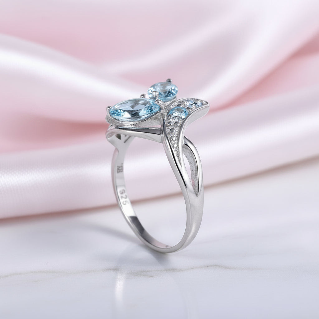 2.4Ct Sky Blue Topaz Leaves Gemstone Ring-Black Diamonds New York