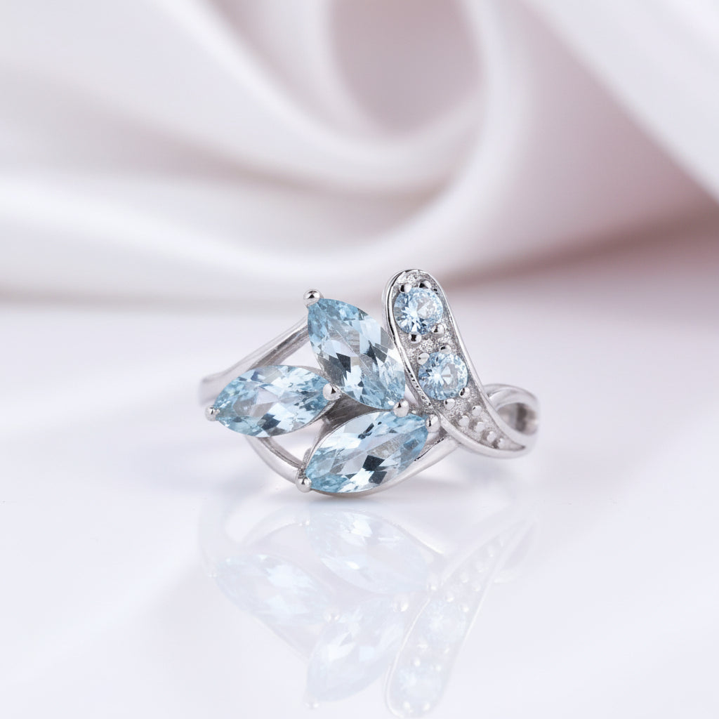 2.4Ct Sky Blue Topaz Leaves Gemstone Ring-Black Diamonds New York