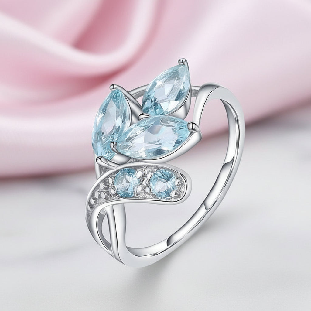 2.4Ct Sky Blue Topaz Leaves Gemstone Ring-Black Diamonds New York