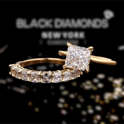 2.5 Carat Princess Cut Yellow Gold Ring Set - Black Diamonds New York