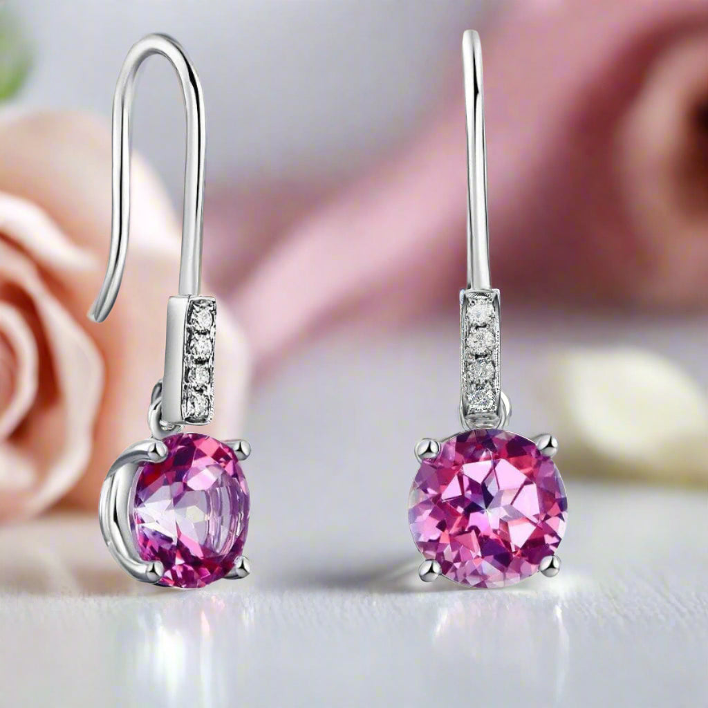 2.5ct Natural Pink Topaz 14k White Gold Dangle Earrings-Black Diamonds New York
