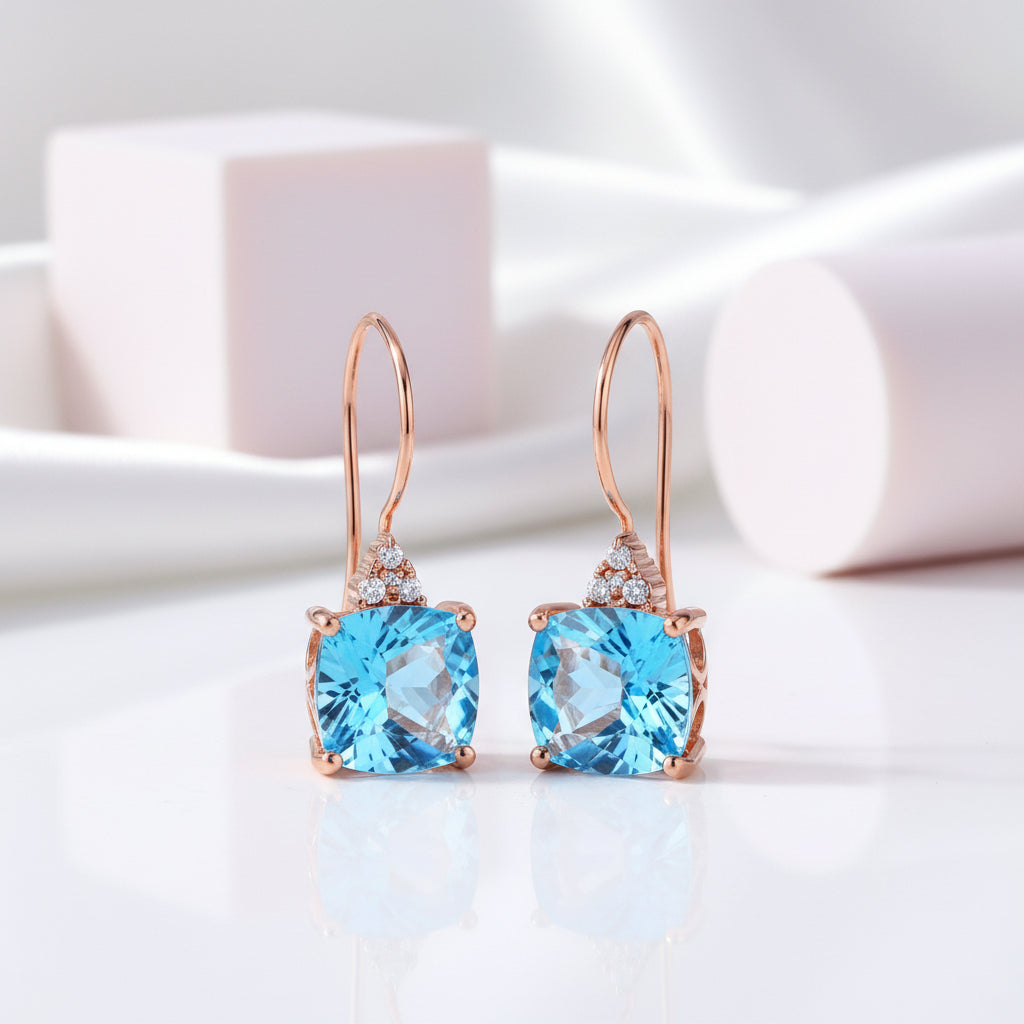 14k Rose Gold Cushion Swiss Blue Topaz with 0.07ct Natural Diamonds Earrings-Black Diamonds New York