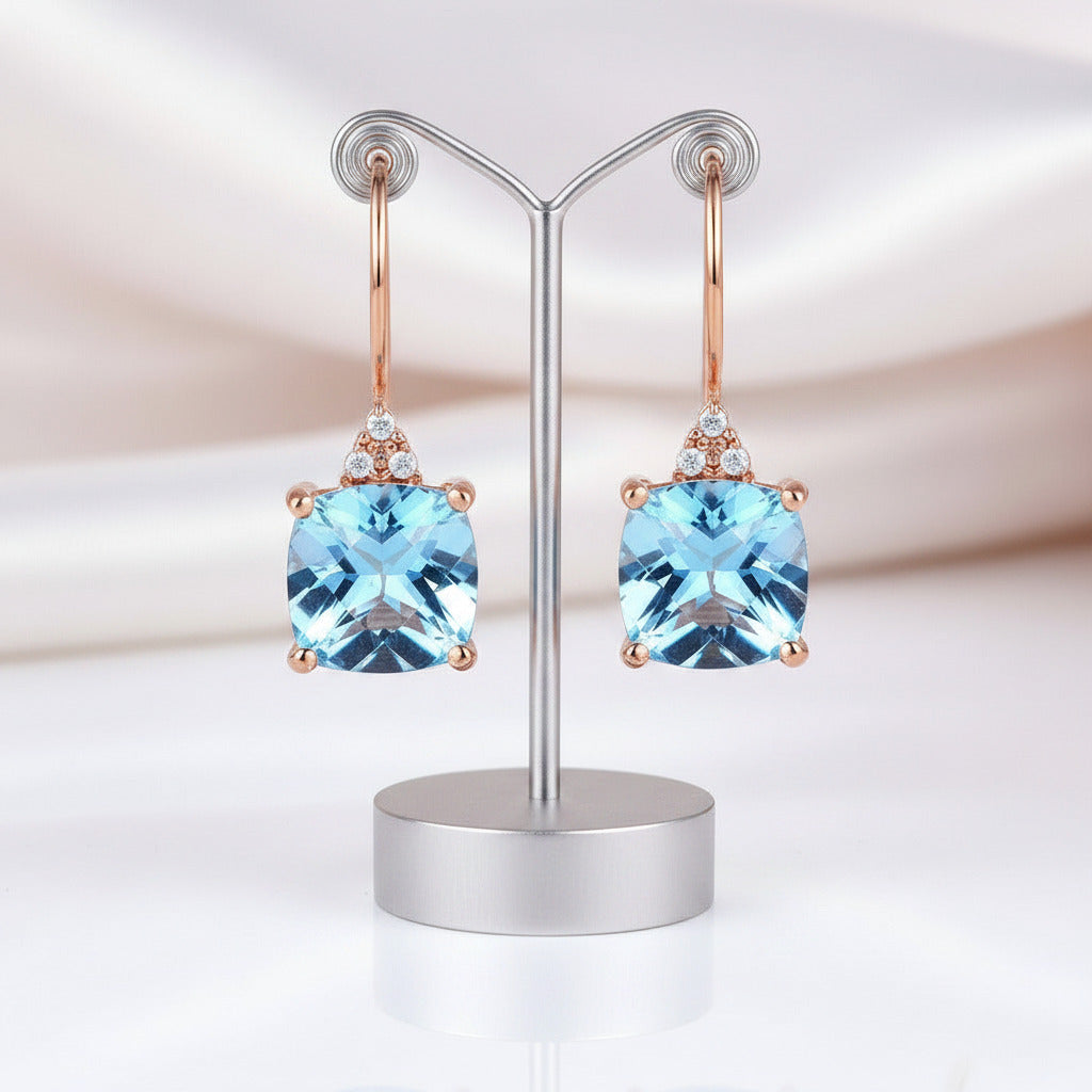14k Rose Gold Cushion Swiss Blue Topaz with 0.07ct Diamond Options Earrings-Black Diamonds New York