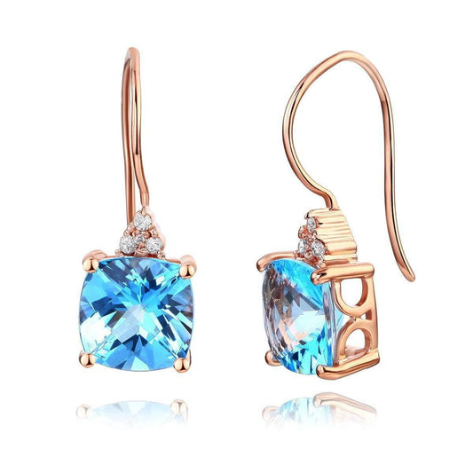 2.5ct Swiss Blue Topaz with 0.07ct Natural Diamonds 14K Rose Gold Cushion Earrings - Black Diamonds New York