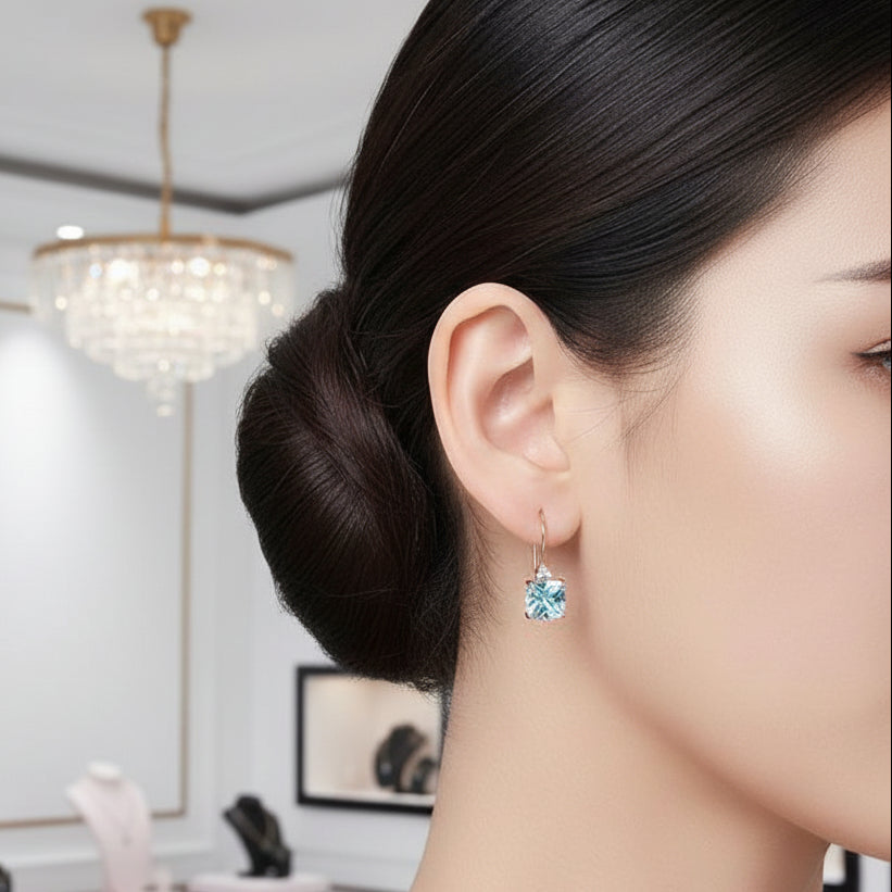14k Rose Gold Cushion Swiss Blue Topaz with 0.07ct Natural Diamonds Earrings-Black Diamonds New York