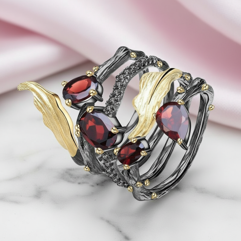 2.75Ct Red Garnet Gemstone Ring-Black Diamonds New York