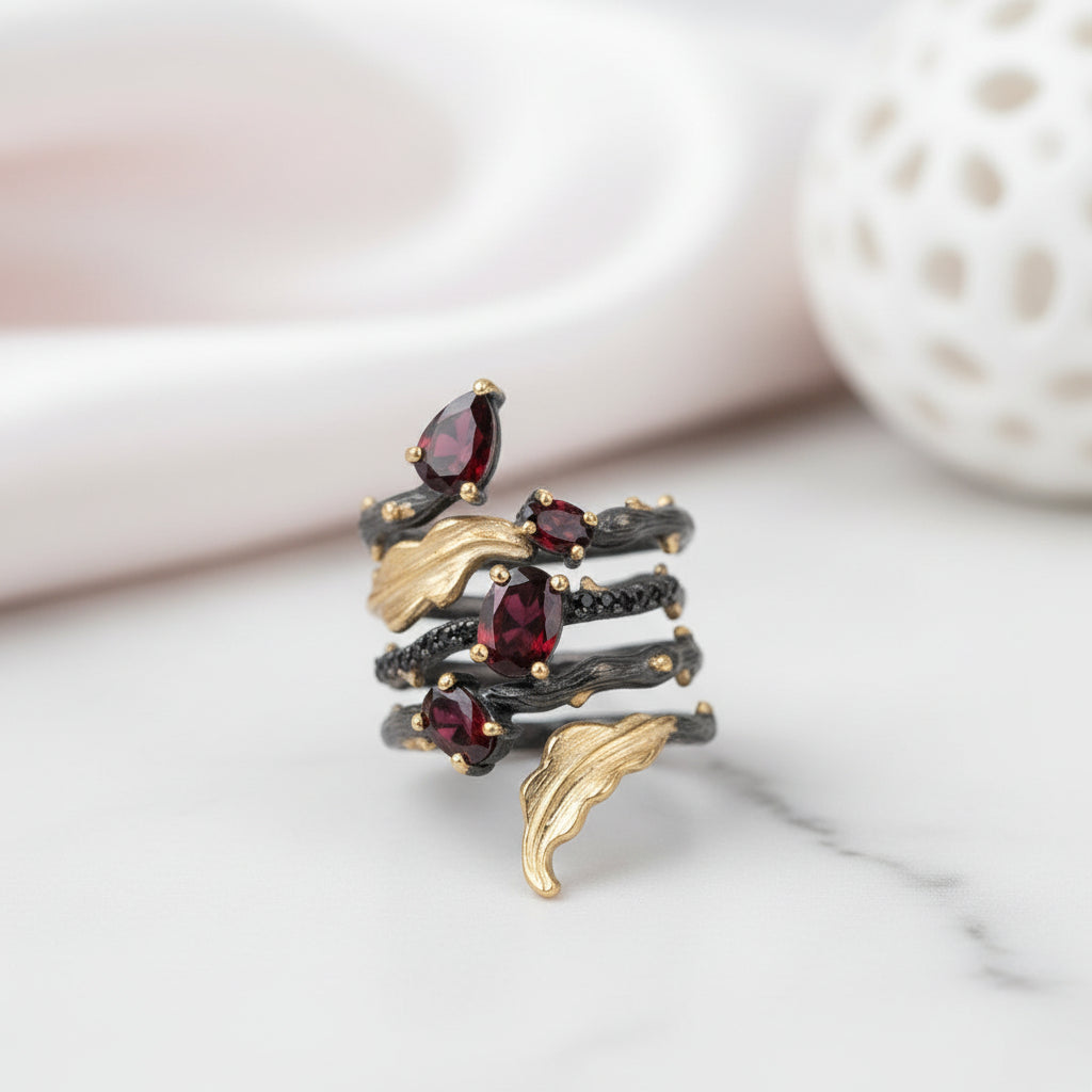 2.75Ct Red Garnet Gemstone Ring-Black Diamonds New York