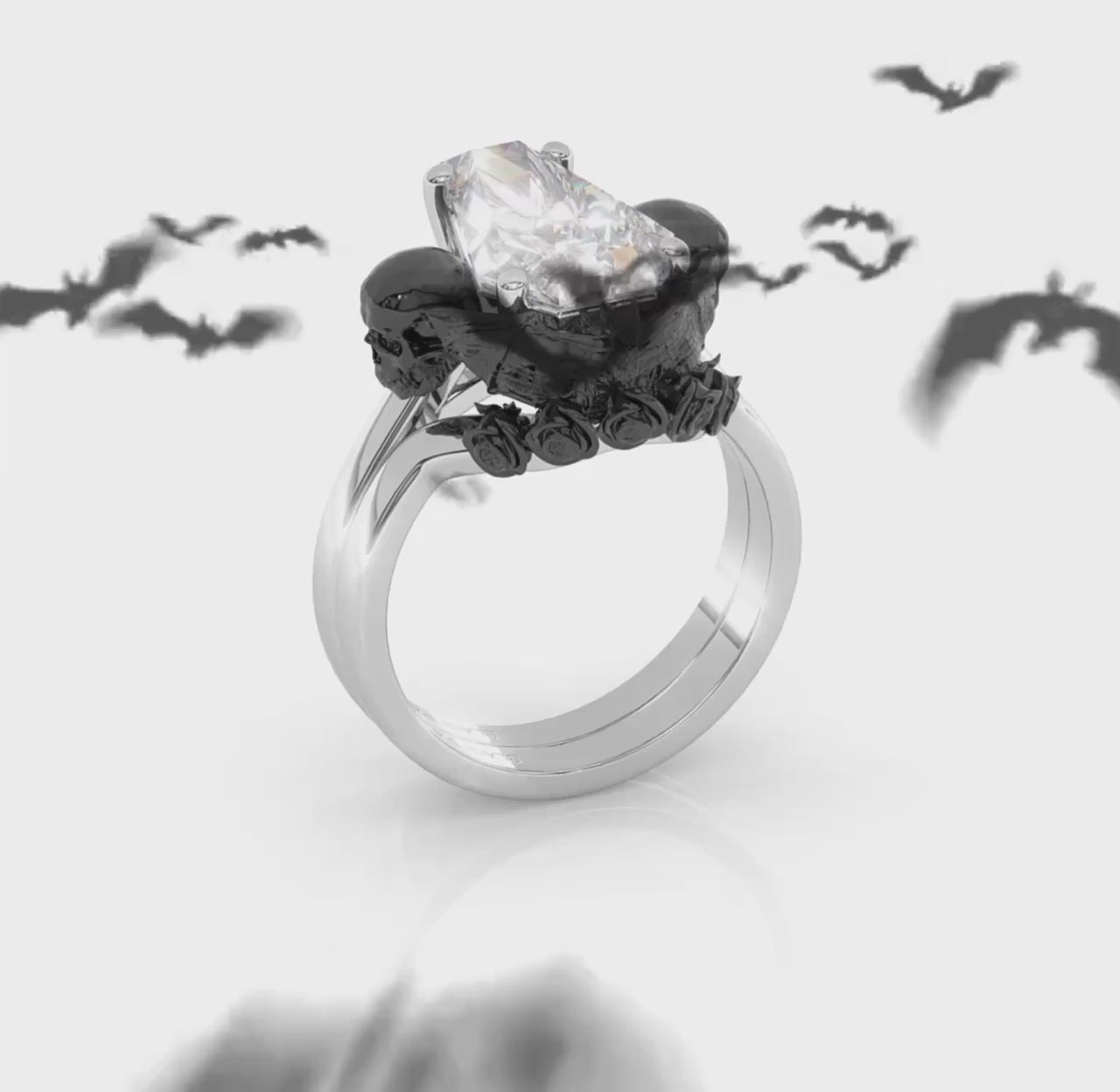 My Ever After Ring- Coffin Cut Moissanite with Skulls, Bat and Roses Promise Ring
