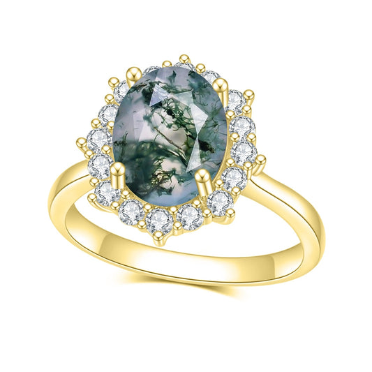 2.85 ct Moss Agate Oval Cut Cluster Halo Engagement Ring - Black Diamonds New York