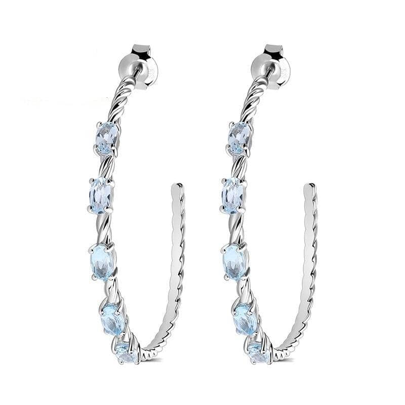 2.94Ct Oval Natural Sky Blue Topaz Gemstone Hoop Earrings-Black Diamonds New York