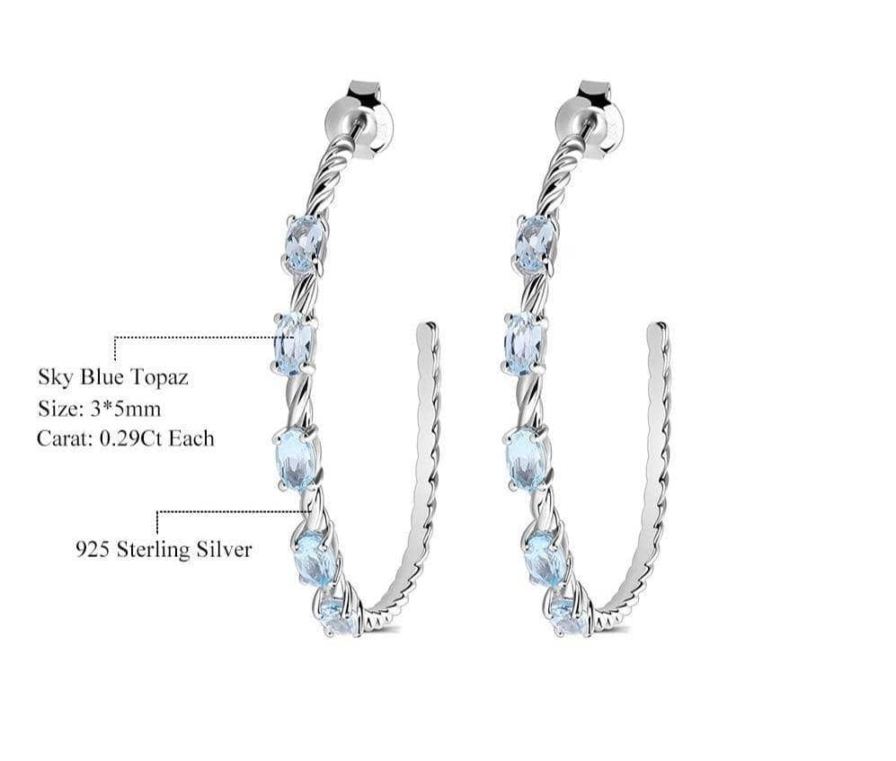 2.94Ct Oval Natural Sky Blue Topaz Gemstone Hoop Earrings-Black Diamonds New York