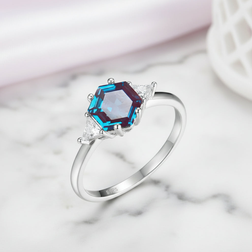 2ct Hexagon Lab Grown Alexandrite Gemstone Ring – Black Diamonds