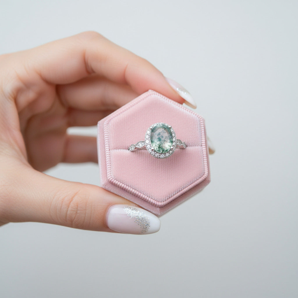 2ct Oval Cut Natural Moss Agate Engagement Ring-Black Diamonds New York