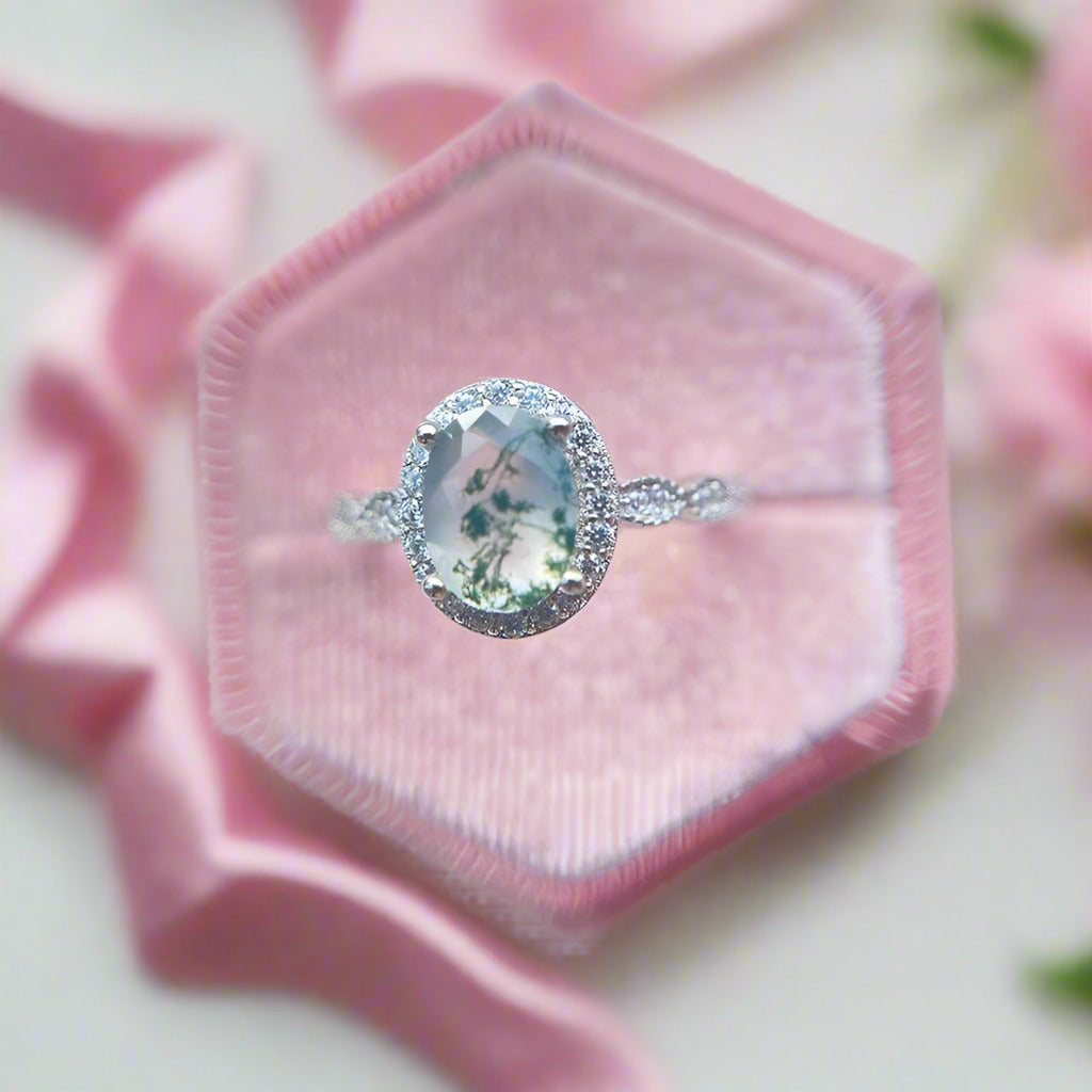 2ct Oval Cut Natural Moss Agate Engagement Ring-Black Diamonds New York