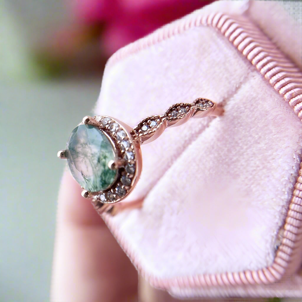 2ct Oval Cut Natural Moss Agate Engagement Ring-Black Diamonds New York