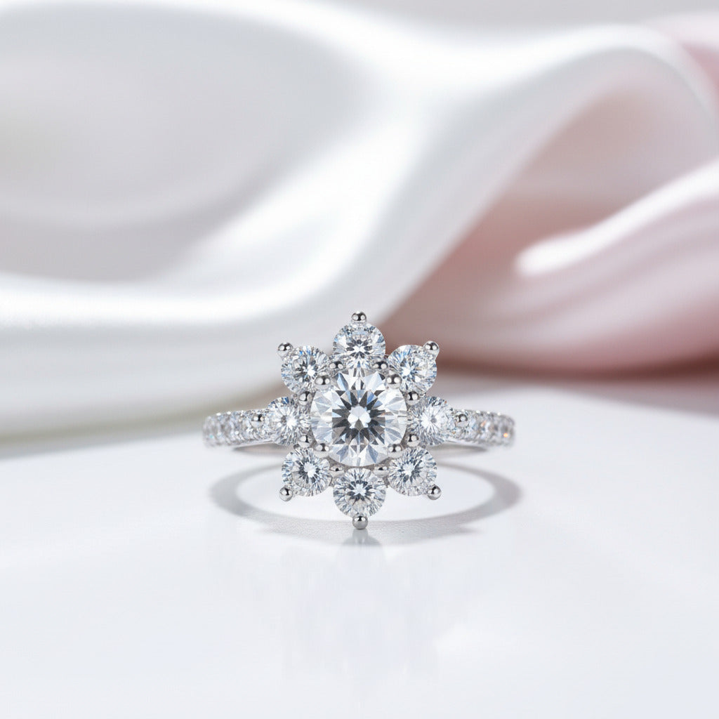 2.0 Ct Round Cut Diamond Option Sunflower Halo Engagement Ring-Black Diamonds New York