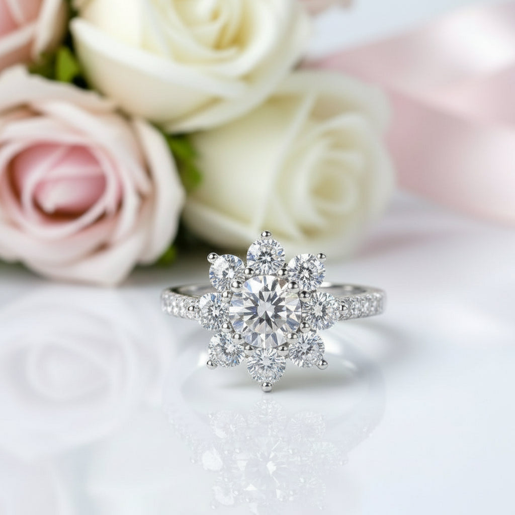 2.0 Ct Round Cut Diamond Sunflower Halo Engagement Ring-Black Diamonds New York