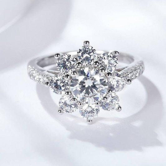 2ct Round Cut Moissanite Sunflower Halo Engagement Ring - Black Diamonds New York