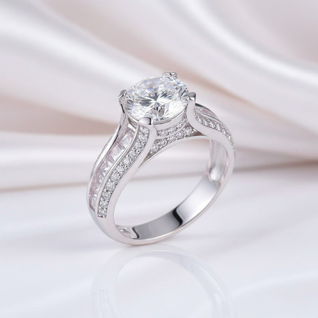 2.0 Ct Round Diamond Ring with 3-Row Pave Band-Black Diamonds New York