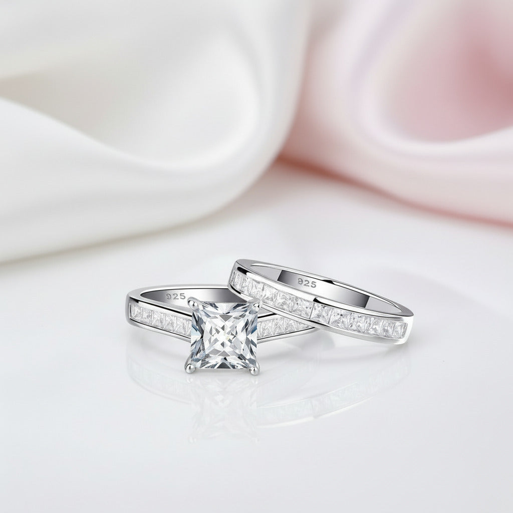 2Pcs 1.25Ct Princess Cut Diamond Option Engagement Ring Set-Black Diamonds New York