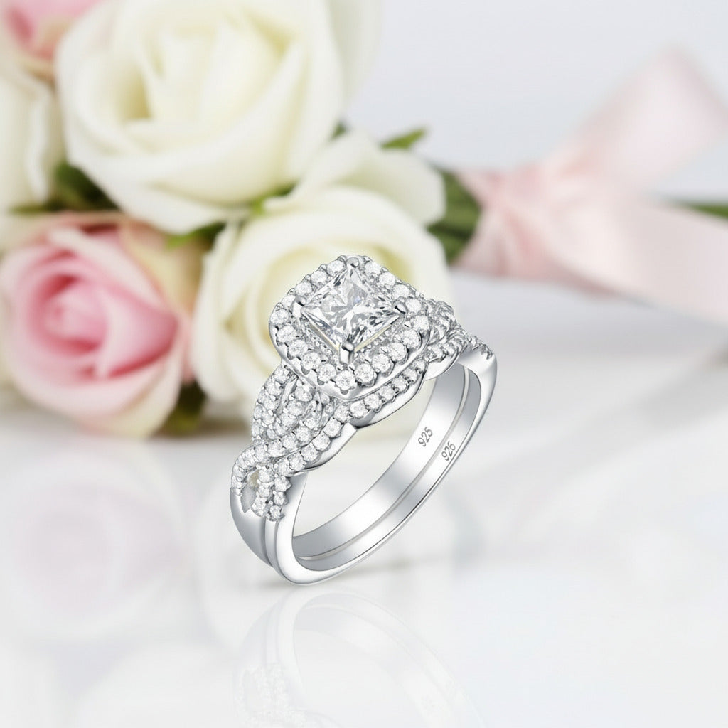 2Pcs 1.4Ct Princess Cut Diamond Option Halo Twisted Ring Set-Black Diamonds New York