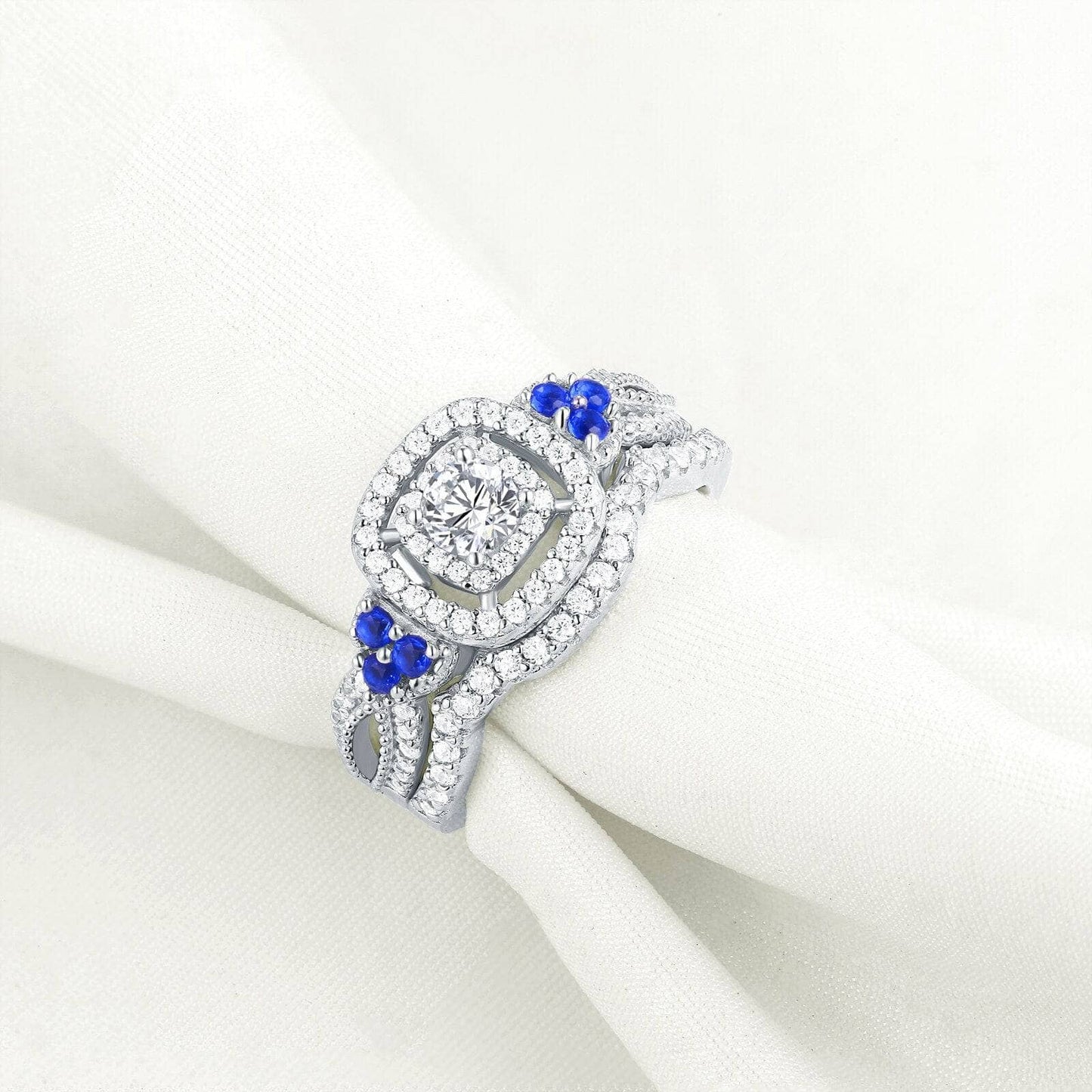 2Pcs 925 Sterling Silver 1.5 Ct White Blue Cubic Zircon Ring
